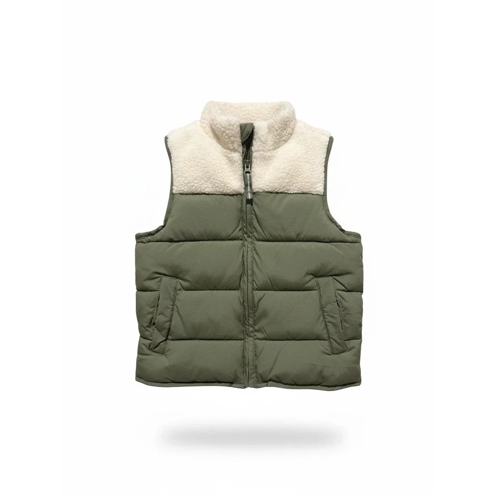 Cat & Jack Kids Green Sherpa Puffer Vest Size S 6/7 Colorblock Quilted Full Zip
